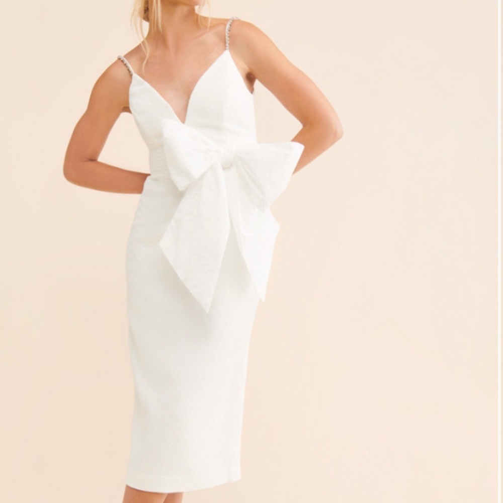 White Bow Rehearsal Dinner Dress - Genevieve Sheath Midi Dress
